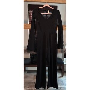 its Brand Black Bell Sleeve V Neck Jumpsuit Wide Leg
